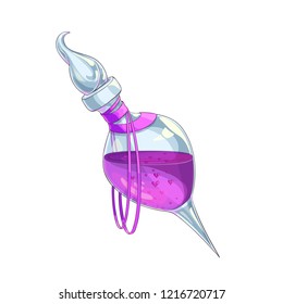 Isolated vector illustration of a transparent glass bottle with a magic potion inside.