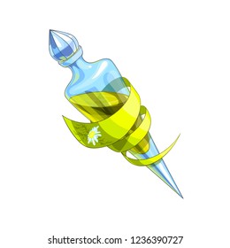 Isolated vector illustration of a transparent glass bottle with a magic potion inside.