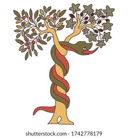 Isolated Vector Illustration. Tree Of The Knowledge Of Good And Evil. Serpent Snake In Eden Garden. Biblical Christian Symbol. Apple Fruit Of Sin.