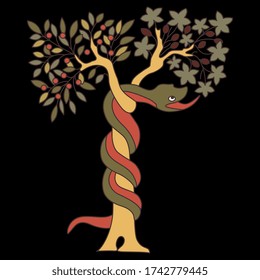 Isolated vector illustration. Tree of the knowledge of good and evil. Serpent snake in Eden garden. Biblical Christian symbol. Apple fruit of sin.