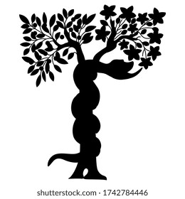 Isolated vector illustration. Tree of the knowledge of good and evil. Serpent snake in Eden garden. Biblical Christian symbol. Black silhouette on white background.