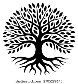 Isolated vector illustration of a tree of life. Tree with roots and leaves in a circular design. Symbol of ecology, life, growth. Design element. (150)
