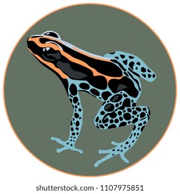 Isolated vector illustration of a tropical poison dart frog Ranitomeya Amazonica (Dendrobatidae) in a circle. Flat cartoon style.