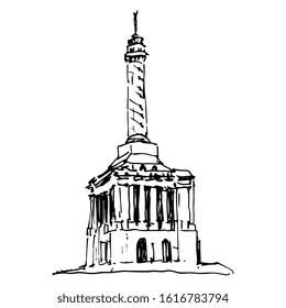 Isolated vector illustration. Trujillo Peace Monument of Independence. Dominican republic. Hand drawn linear doodle ink sketch. Black silhouette on white background.