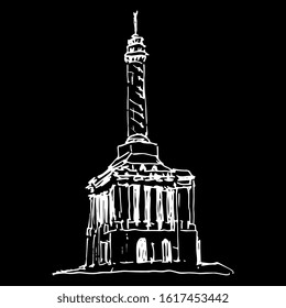 Isolated vector illustration. Trujillo Peace Monument of Independence. Santiago de los Caballeros. Dominican republic. Hand drawn linear doodle sketch. White silhouette on black background.