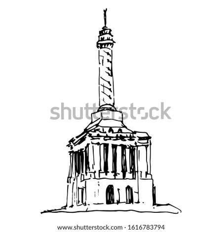 Isolated vector illustration. Trujillo Peace Monument of Independence. Dominican republic. Hand drawn linear doodle ink sketch. Black silhouette on white background.