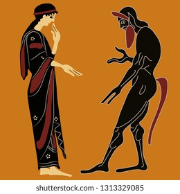 Isolated vector illustration. Two ancient Greek characters. Satyr and a girl. Vase painting motif. Cartoon style.