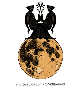 Isolated vector illustration. Two antique goddesses seating on full moon. Creative surreal concept. Female archetype. Feminine power. Lunar energy. Magic and witchcraft.
