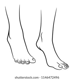 Isolated vector illustration of two bare female feet on tiptoe. Hand drawn linear sketch. Black silhouette on white background.