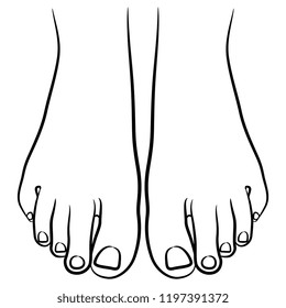 Isolated vector illustration. Two bare human female feet. Top view. Hand drawn linear sketch. Black silhouette on white background.