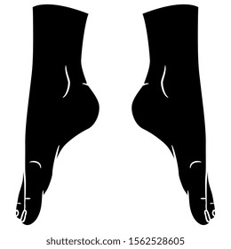 Isolated vector illustration. Two bare human female feet on tiptoe. Black and white silhouette.