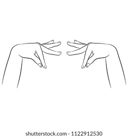 Isolated vector illustration of two beautiful female dancer hands in flamenco gesture. Hand drawn linear sketch. Black silhouette on white background.