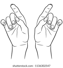 Isolated vector illustration of two beautiful female hands in elegant pointing gesture. Hand drawn linear sketch. Black silhouette on white background.