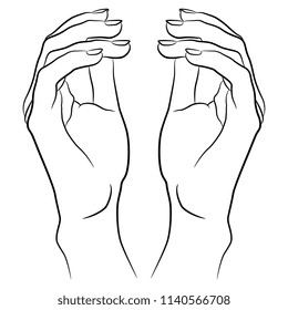 Isolated vector illustration of two beautiful human female hands. Hand drawn linear sketch. Black silhouette on white background.