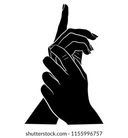 Isolated vector illustration. Two beautiful human hands with a finger pointing up. Hand drawn linear sketch. Black and white silhouette.