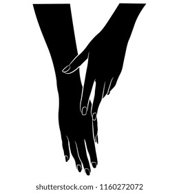 Isolated vector illustration. Two beautiful female hands in elegant gesture. Hand drawn linear sketch. Black and white silhouette.