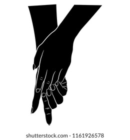 Isolated vector illustration. Two beautiful female hands in elegant gesture. Hand drawn linear sketch. Black and white silhouette.
