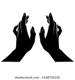 Isolated vector illustration. Two beautiful female hands in elegant gesture. Hand drawn linear sketch. Cartoon style. Black and white silhouette. 