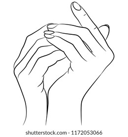 Ilustração isolada de vetor. Duas belas mãos femininas. Esboço linear desenhado à mão Silhueta preta sobre fundo branco.