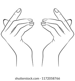 Isolated vector illustration. Two beautiful raised female hands. Hand drawn linear sketch. Black silhouette on white background.