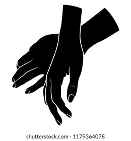Isolated vector illustration. Two beautiful female hands in elegant relaxed gesture. Black and white linear silhouette. Cartoon style.
