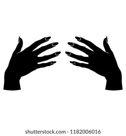 Isolated vector illustration. Two beautiful female hands with long nails. Black and white linear silhouette.