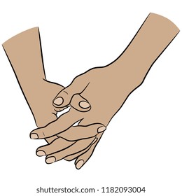 Isolated vector illustration. Two beautiful female hands with intertwined fingers. Hand drawn linear sketch. Cartoon style.