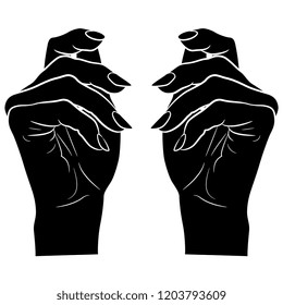 Isolated vector illustration. Two beautiful raised up female hands in elegant gesture. Black and white linear silhouette. Cartoon style.