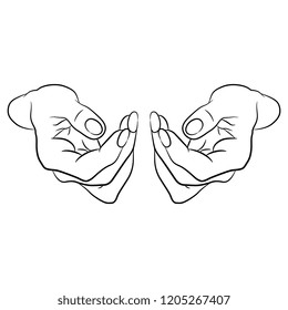 Isolated vector illustration. Two beautiful female hands in elegant gesture. Hand drawn linear sketch. Black silhouette on white background.