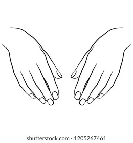 Isolated vector illustration. Two beautiful female hands in elegant gesture. Hand drawn linear sketch. Black silhouette on white background.