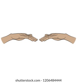 Isolated vector illustration. Two beautiful human female Caucasian hands in elegant gesture. Hand drawn linear sketch. Black silhouette on white background.