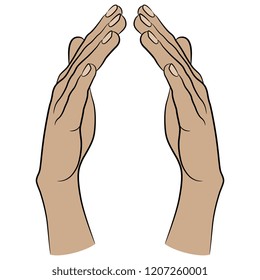Isolated vector illustration. Two beautiful human female Caucasian hands in elegant gesture. Hand drawn linear sketch. Black silhouette on white background.