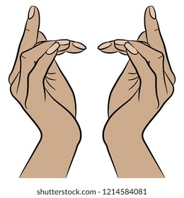 Isolated vector illustration. Two beautiful Caucasian female hands in elegant gesture with index fingers pointing up. Hand drawn linear sketch. Cartoon style.
