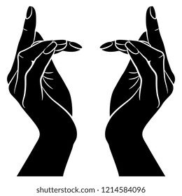 Isolated vector illustration. Two beautiful female hands in elegant gesture with index fingers pointing up. Black and white linear silhouette. Cartoon style.