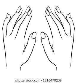 Isolated vector illustration. Two beautiful female hands in elegant gesture. Top view. Hand drawn linear sketch. Black silhouette on white background.