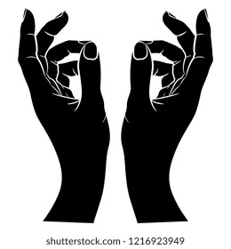 Isolated vector illustration. Two beautiful female hands in elegant raised up gesture. Black and white linear silhouette. Cartoon style.