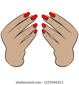 Isolated vector illustration. Two beautiful raised up Caucasian female hands in elegant holding gesture with bright red nails. Cartoon style.