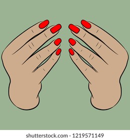 Isolated vector illustration. Two beautiful raised up Caucasian female hands in elegant holding gesture with bright red nails on green background. Cartoon style.