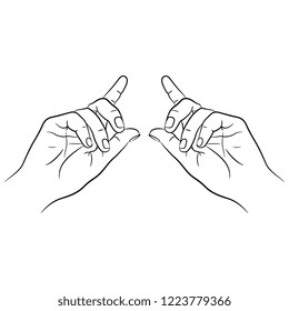 Isolated vector illustration. Two beautiful human hands in elegant pointing up gesture. Hand drawn linear sketch. Black silhouette on white background.