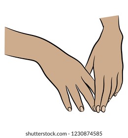Isolated vector illustration. Two beautiful folded Caucasian female hands in elegant gesture. Hand drawn linear sketch. Black silhouette on white background.