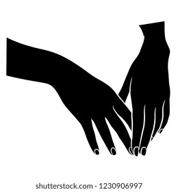 Isolated vector illustration. Two beautiful folded female hands in elegant gesture. Hand drawn linear sketch. Black and white linear silhouette. Cartoon style.