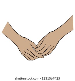 Isolated vector illustration. Two beautiful clasped Caucasian female hands in elegant gesture. Hand drawn linear sketch. Flat cartoon style.