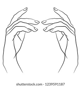Isolated vector illustration. Two beautiful raised up female hands in elegant gesture. Hand drawn linear sketch. Black silhouette on white background.