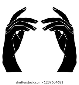 Isolated vector illustration. Two beautiful raised up female hands in elegant gesture. Black and white linear silhouette. Cartoon style.