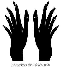 Isolated vector illustration. Two beautiful female raised up hands with long nails. Black and white linear silhouette. Cartoon style.