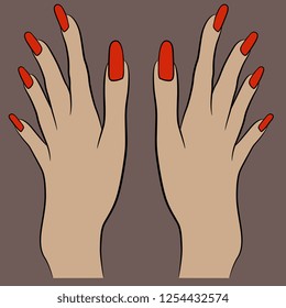 Isolated vector illustration. Two beautiful female Caucasian hands with long red nails. Hand drawn linear sketch. Cartoon style.