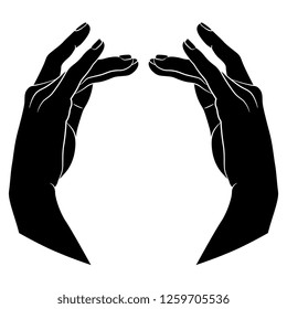 Isolated vector illustration. Two beautiful female hands in elegant dancing gesture. Black and white linear silhouette. Cartoon style.