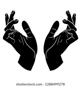 Isolated vector illustration. Two beautiful female hands in elegant raised up gesture. Black and white linear silhouette. Cartoon style.