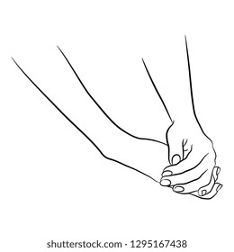 Isolated vector illustration. Two beautiful folded female hands in elegant gesture. Hand drawn linear sketch. Black silhouette on white background.