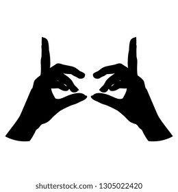Isolated vector illustration. Two beautiful female hands in showing size gesture. White silhouette on black background.